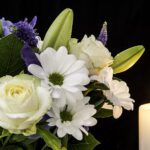 Funeral Bouquet Purple White Flowers And Burning White Candle, S