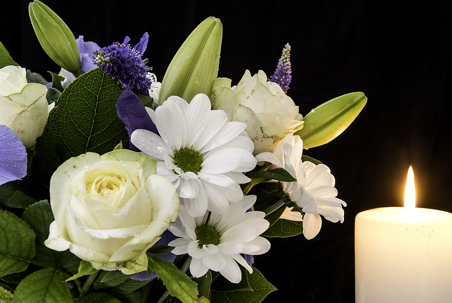 Funeral Bouquet Purple White Flowers And Burning White Candle, S